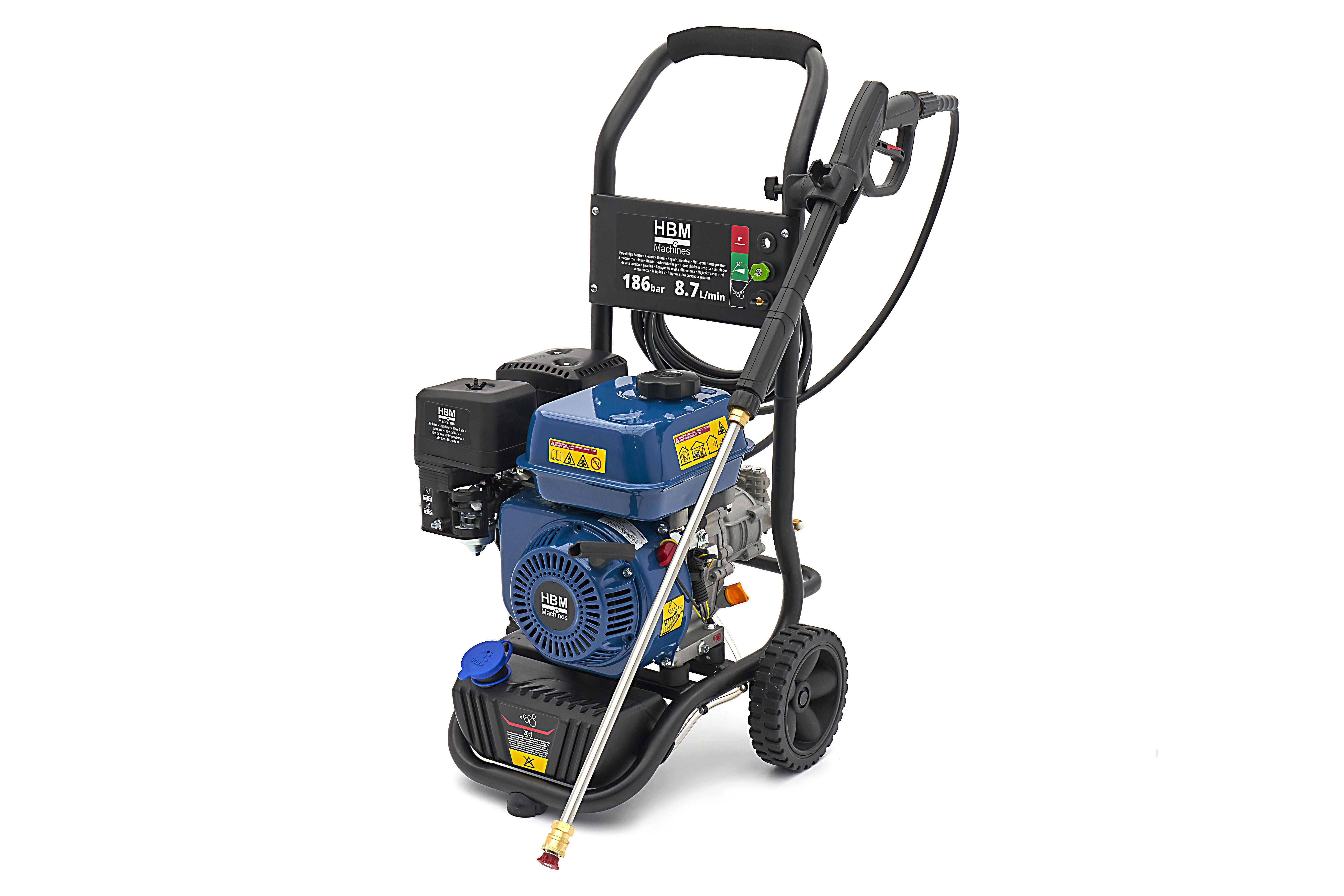 HBM benzine hogedrukreiniger 186 bar 8,7 l/min 196 cc 4-takt trekstart 7,6 m slang
