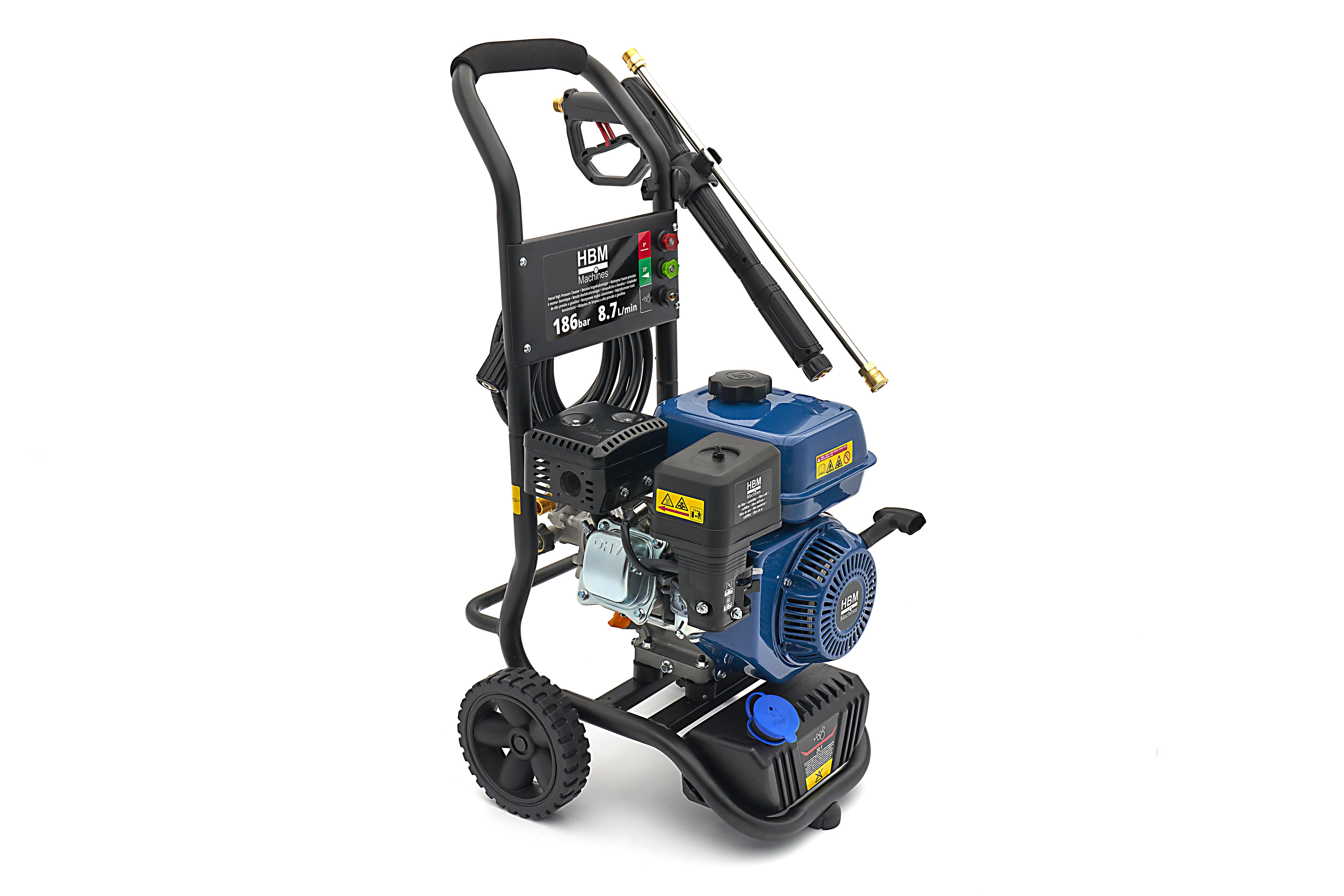 HBM benzine hogedrukreiniger 186 bar 8,7 l/min 196 cc 4-takt trekstart 7,6 m slang
