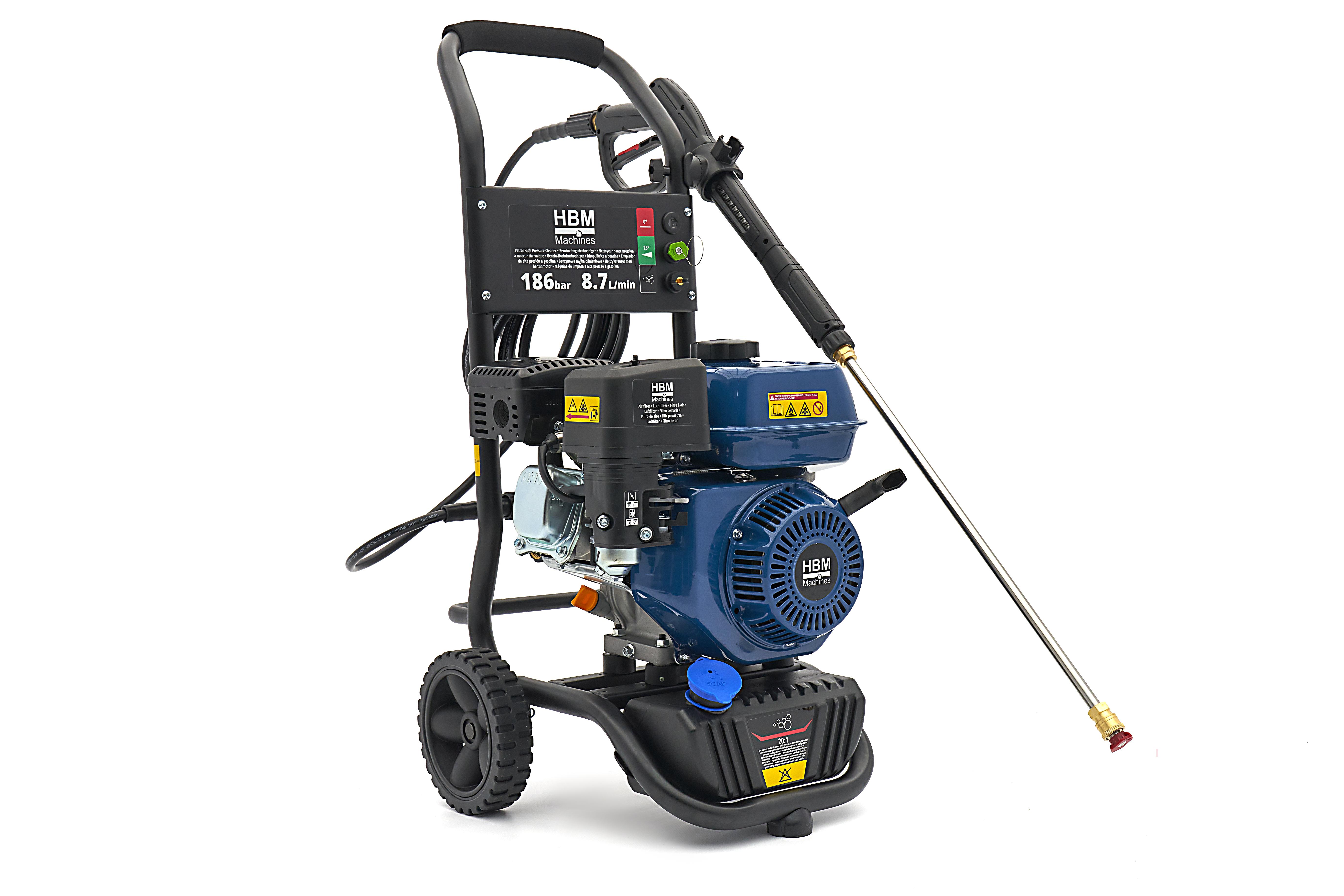 HBM benzine hogedrukreiniger 186 bar 8,7 l/min 196 cc 4-takt trekstart 7,6 m slang
