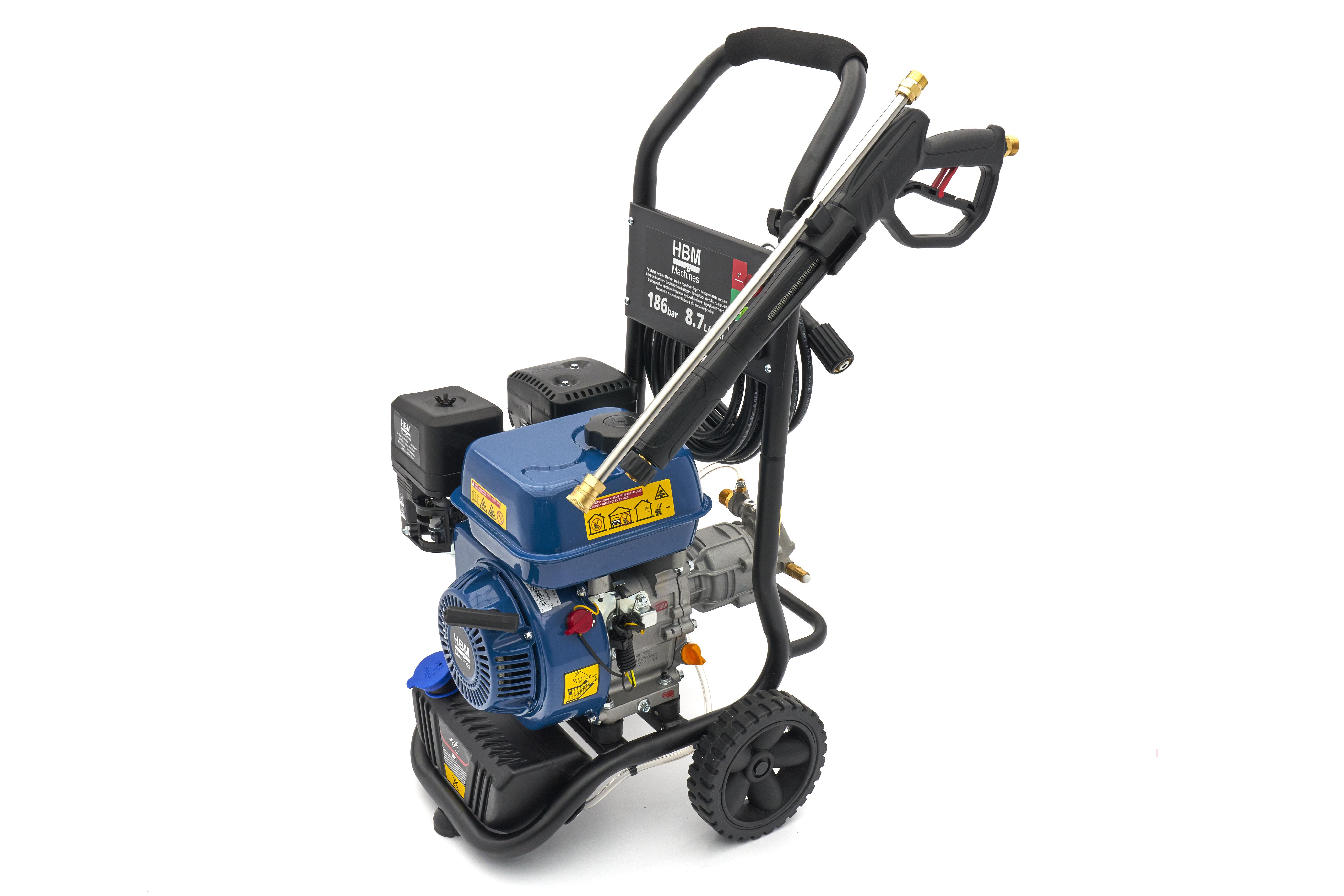 HBM benzine hogedrukreiniger 186 bar 8,7 l/min 196 cc 4-takt trekstart 7,6 m slang
