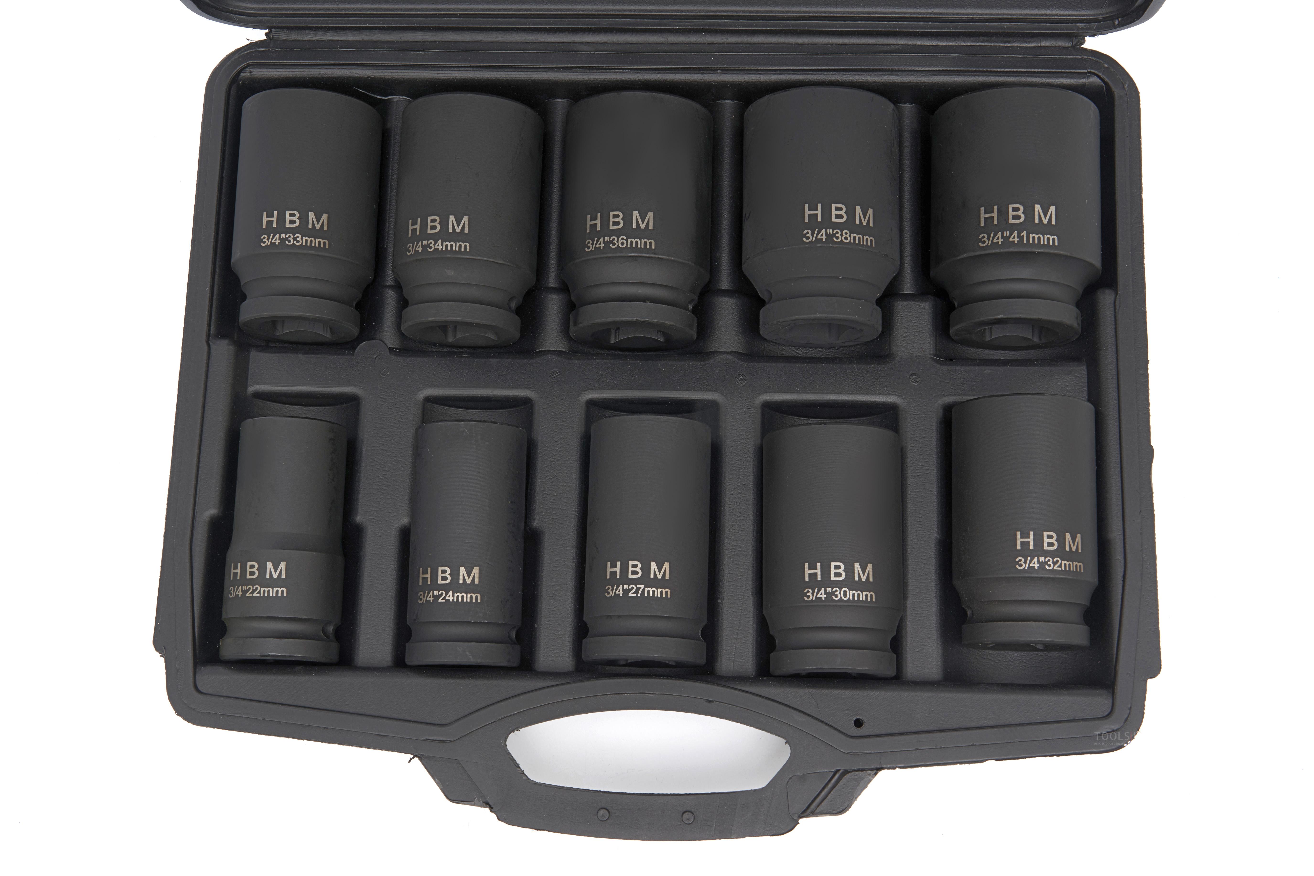 HBM krafttopnøglesæt store størrelser 3/4 inch, 10-delt.