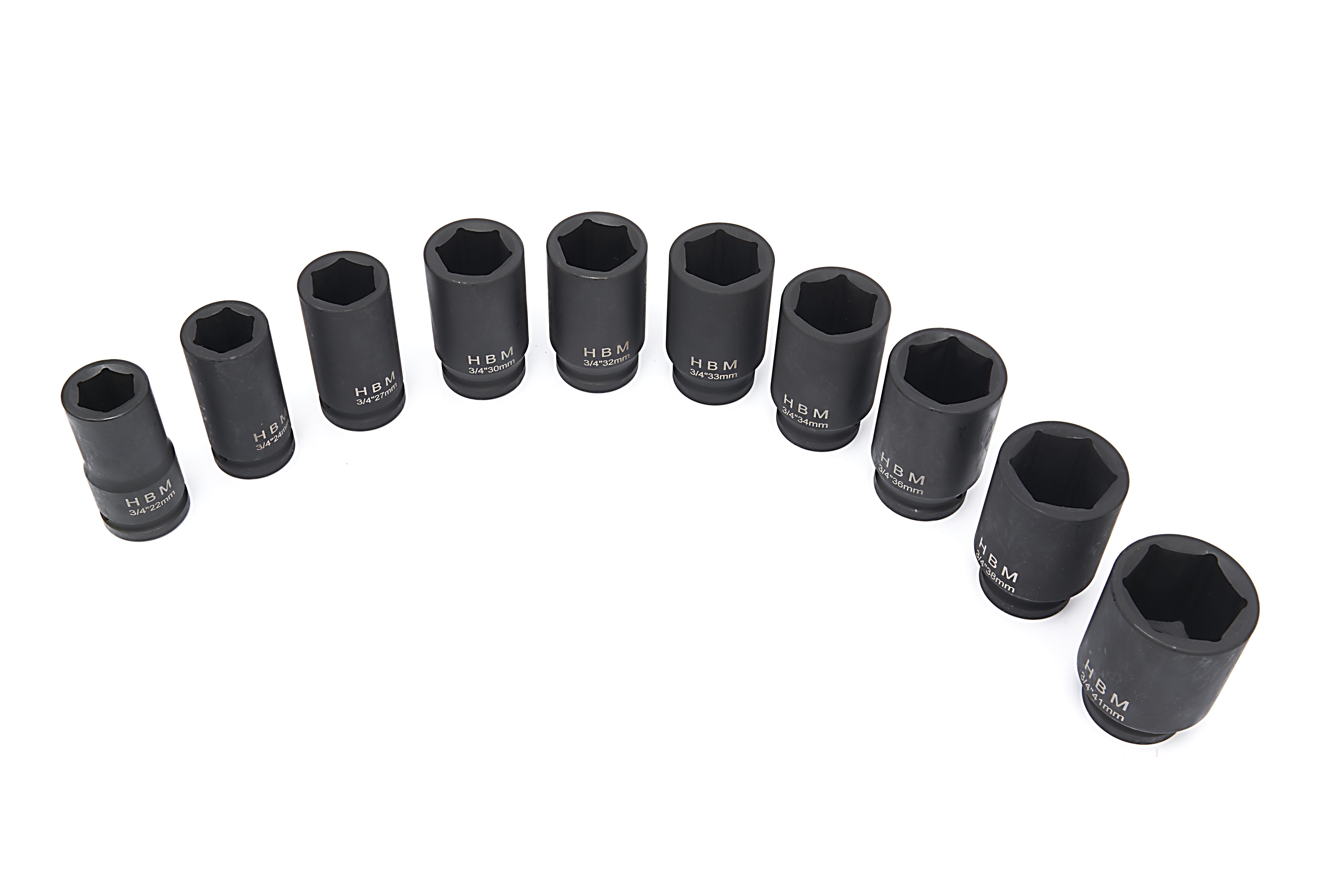 HBM krafttopnøglesæt store størrelser 3/4 inch, 10-delt.