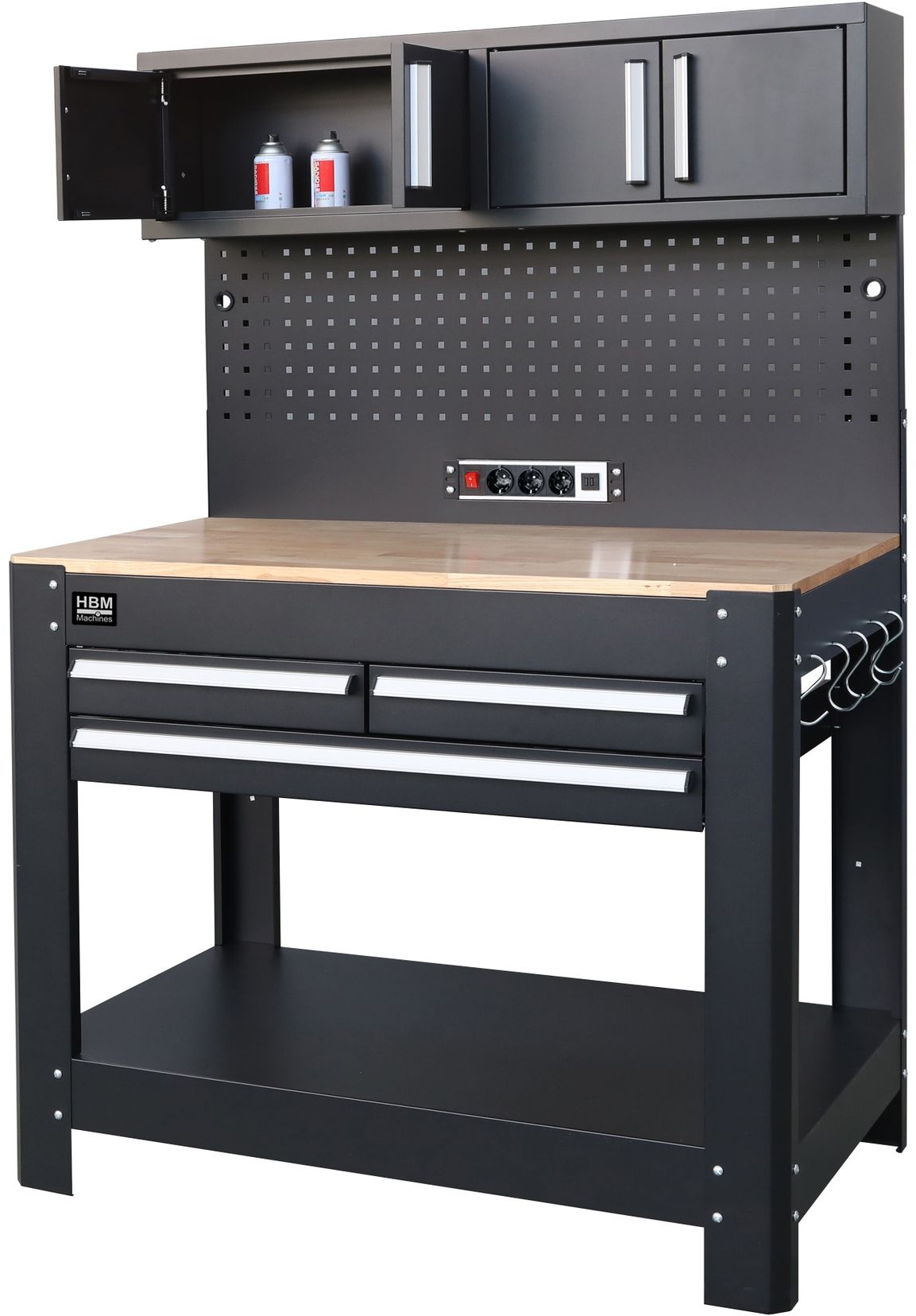 HBM banco de trabajo 114 cm con 3 cajones, pared de armarios y panel trasero, negro. HBM banco de trabajo 114 cm con 3 cajones, pared de armarios y panel trasero, negro.