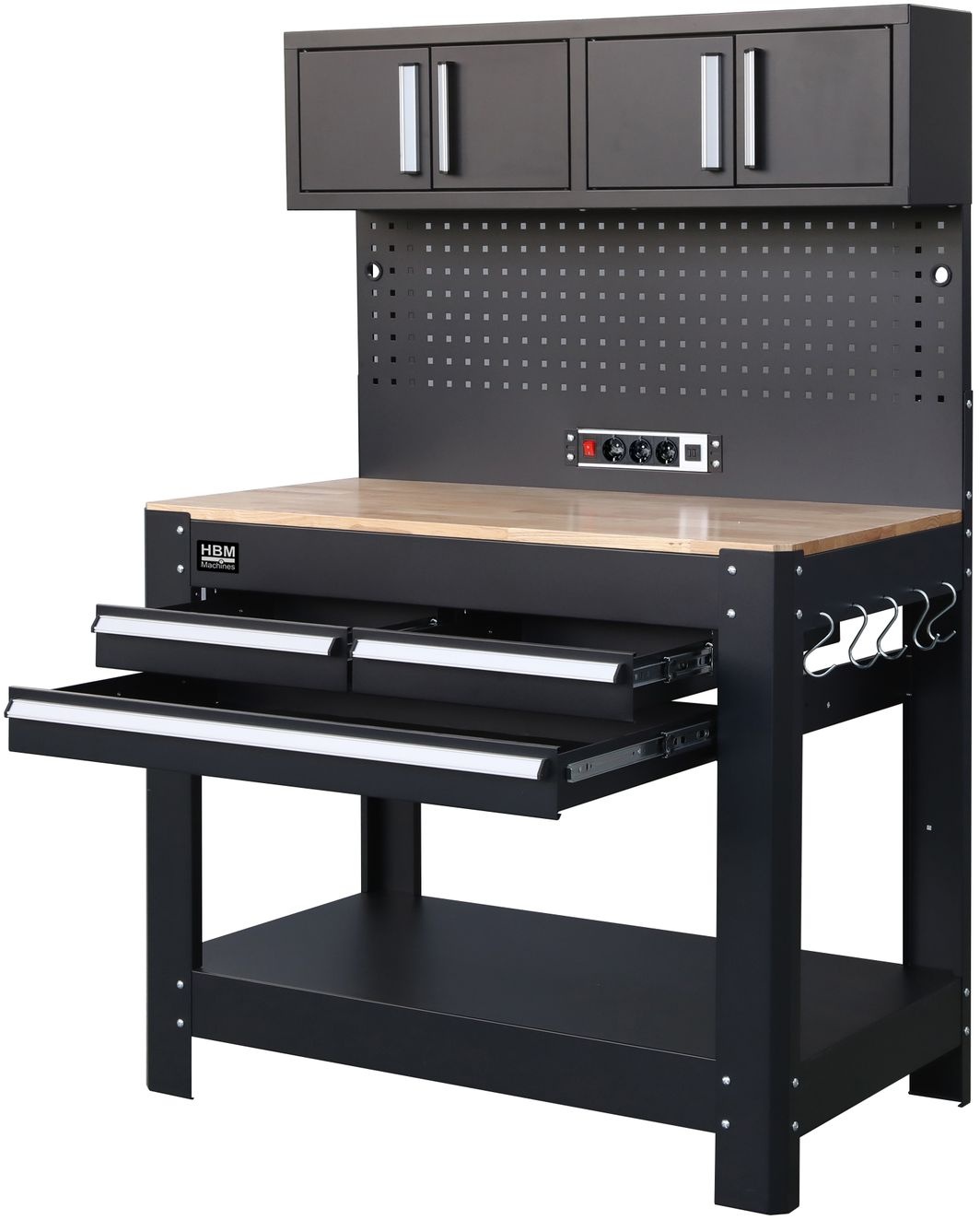 HBM banco de trabajo 114 cm con 3 cajones, pared de armarios y panel trasero, negro. HBM banco de trabajo 114 cm con 3 cajones, pared de armarios y panel trasero, negro.