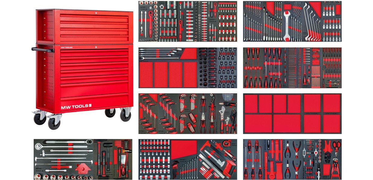 Fyldt bred værktøjsvogn med topkasse XXL 729 dele MW Tools