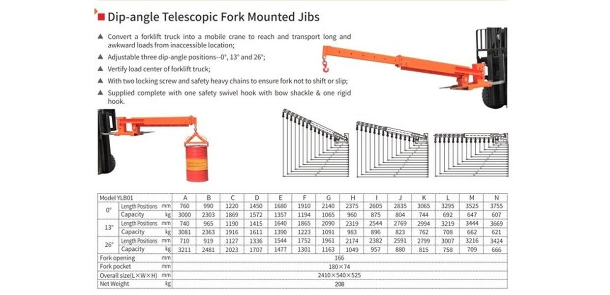 Forlængerarm justerbar 0-26° 3000 kg 3,7 meter til gaffeltrucks MW Tools