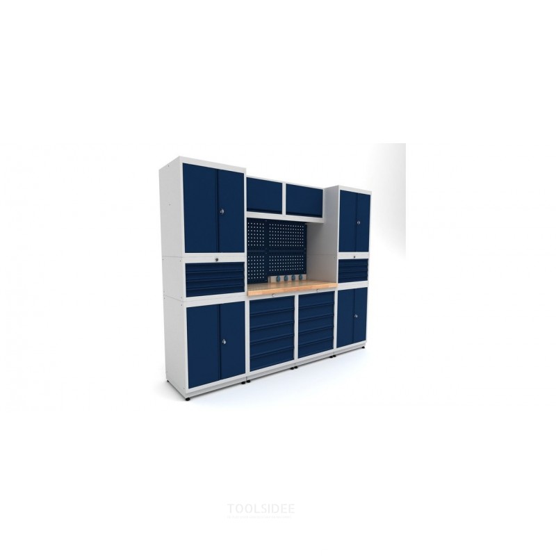 Industrielt arbejdsbord 2480 mm PRACO M T18 - Massivt bøgetræsbord - Skuffer, skab og LED-belysning MW Tools