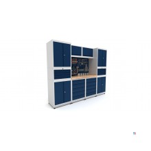Industrielt arbejdsbord 2480 mm PRACO M T18 - Massivt bøgetræsbord - Skuffer, skab og LED-belysning MW Tools