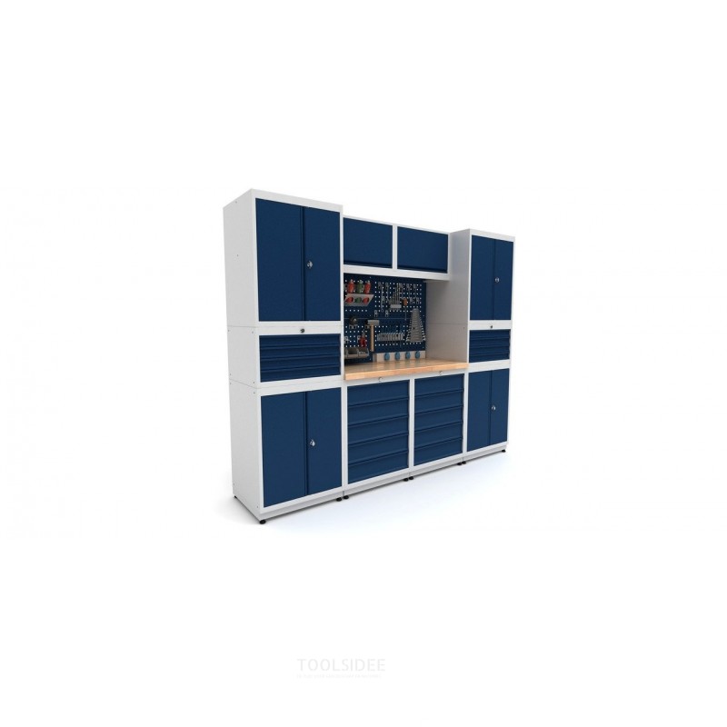 Industrielt arbejdsbord 2480 mm PRACO M T18 - Massivt bøgetræsbord - Skuffer, skab og LED-belysning MW Tools