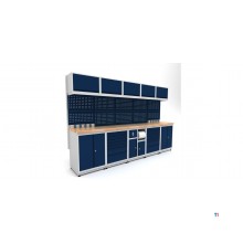 Industrielt arbejdsbord 3100 mm PRACO M T26 - Massivt bøgetræsbord - Skuffer, skab og LED-belysning MW Tools