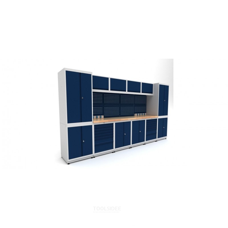 Industrielt arbejdsbord 3720 mm PRACO M T31 - Massivt bøgetræsbord - Skuffer, skab og LED-belysning MW Tools