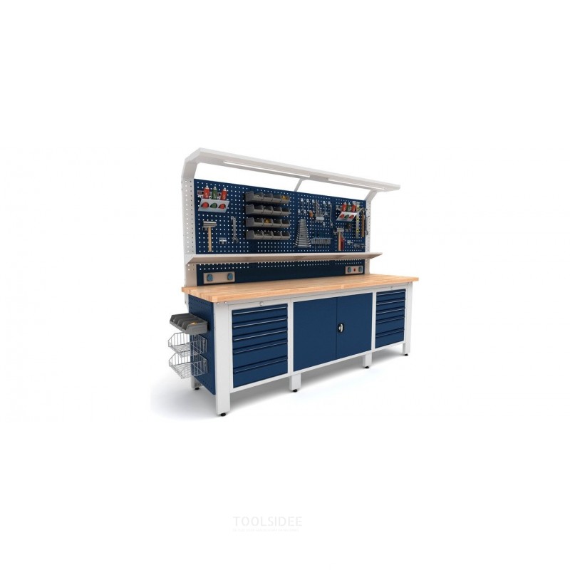 Industrielt arbejdsbord 3720 mm PRACO M T31 - Massivt bøgetræsbord - Skuffer, skab og LED-belysning MW Tools