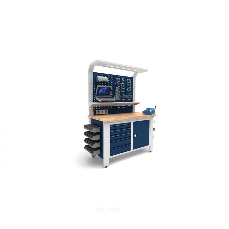 Industriarbejdsbord PRACO W T66 – 1400 mm med skuffer, skab og LED-belysning MW Tools Industriarbejdsbord PRACO W T66 – 1400 mm med skuffer, skab og LED-belysning MW Tools