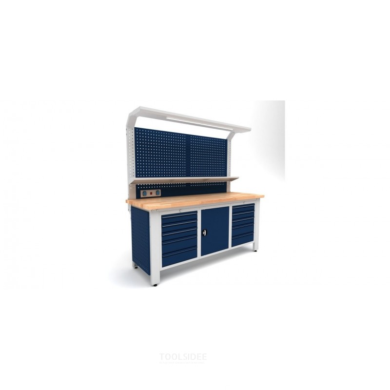 Industriarbejdsbord PRACO W T57 – 2000 mm med skuffer, skab og LED-belysning MW Tools
