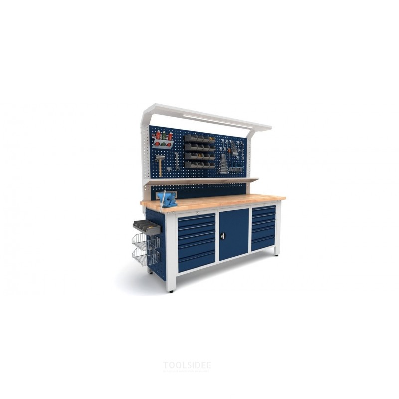 Industriarbejdsbord PRACO W T57 – 2000 mm med skuffer, skab og LED-belysning MW Tools