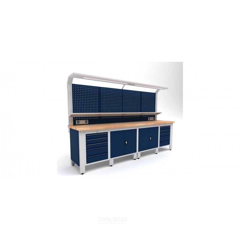 Industriarbejdsbord PRACO W T75 – 3100 mm med skuffer, skab og LED-belysning MW Tools