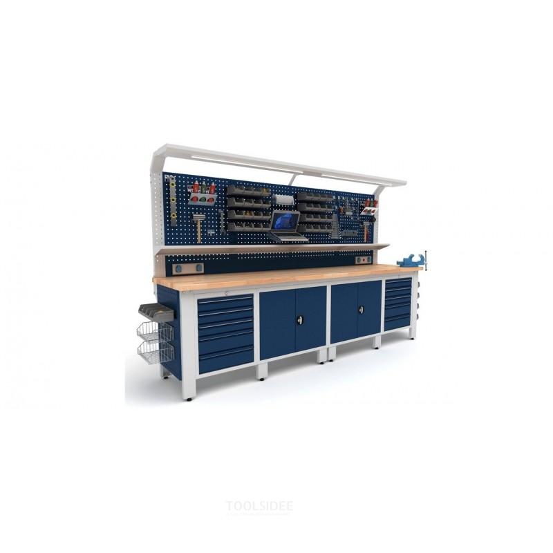 Industriarbejdsbord PRACO W T75 – 3100 mm med skuffer, skab og LED-belysning MW Tools