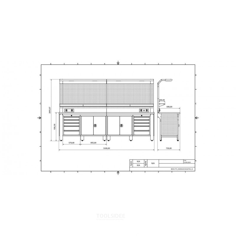 Industriarbejdsbord PRACO W T75 – 3100 mm med skuffer, skab og LED-belysning MW Tools