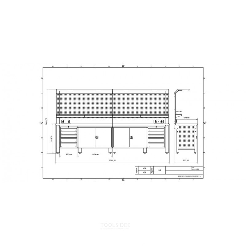 Industriarbejdsbord PRACO W T74 – 3560 mm med skuffer, skab og LED-belysning MW Tools Industriarbejdsbord PRACO W T74 – 3560 mm med skuffer, skab og LED-belysning MW Tools