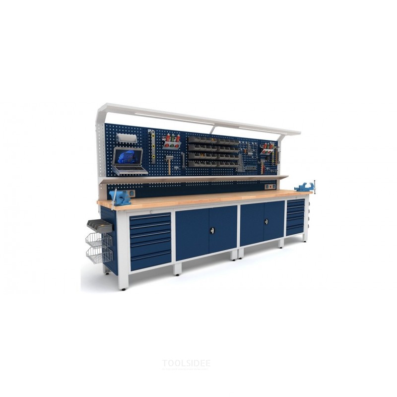 Industriarbejdsbord PRACO W T74 – 3560 mm med skuffer, skab og LED-belysning MW Tools Industriarbejdsbord PRACO W T74 – 3560 mm med skuffer, skab og LED-belysning MW Tools