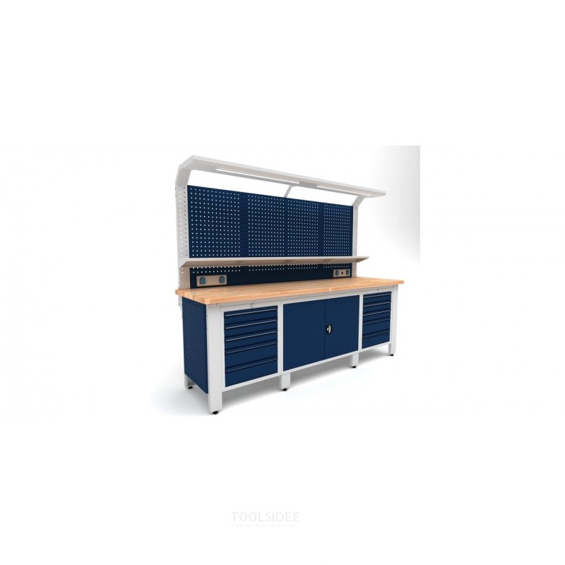 Industriële werkbank 2500 mm PRACO W T31 - Massief beukenhouten werkblad - Laden, kast en LED-verlichting MW Tools Industriële werkbank 2500 mm PRACO W T31 - Massief beukenhouten werkblad - Laden, kast en LED-verlichting MW Tools