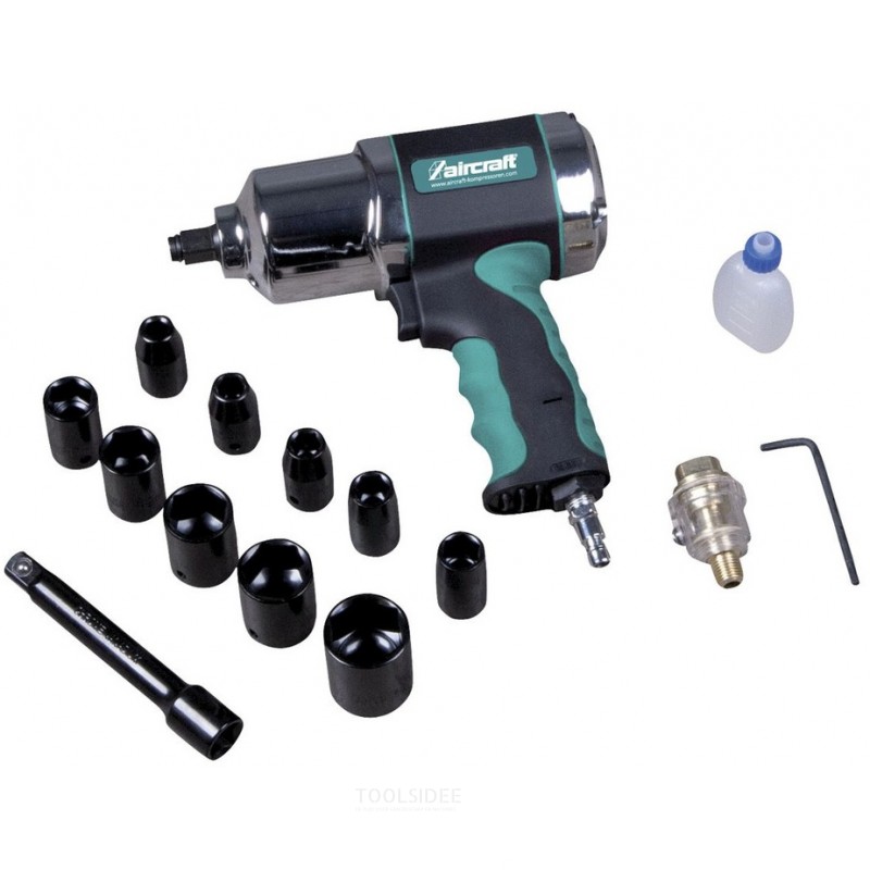 Set professionele perslucht slagmoersleutel 1/2" 600 Nm composiet materiaal met 10 slagdoppen Aircraft