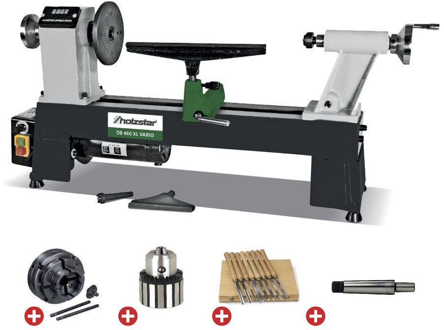 Trædrejebænk 305x460 mm + 4-kæbet borepatron dia. 100 mm + 8-delt drejemejselsæt + borepatron + borepatronhale Holzstar Trædrejebænk 305x460 mm + 4-kæbet borepatron dia. 100 mm + 8-delt drejemejselsæt + borepatron + borepatronhale Holzstar