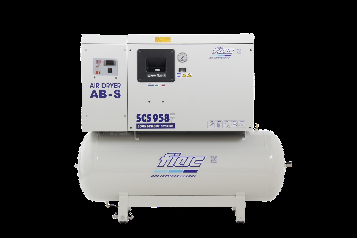 Fiac stille kompressor SCS 300lt - AB958 7,5 PK 300 liter, med køletørrer. Fiac stille kompressor SCS 300lt - AB958 7,5 PK 300 liter, med køletørrer.