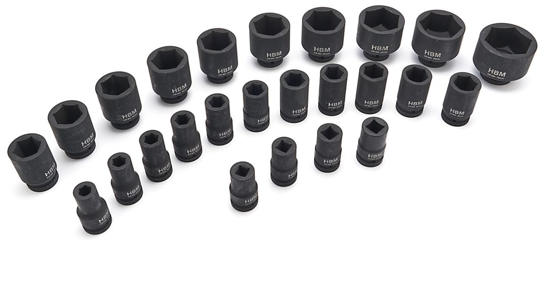 HBM slagtopnøglesæt sekskant 1 inch, 17 - 75 mm, 25-delt.