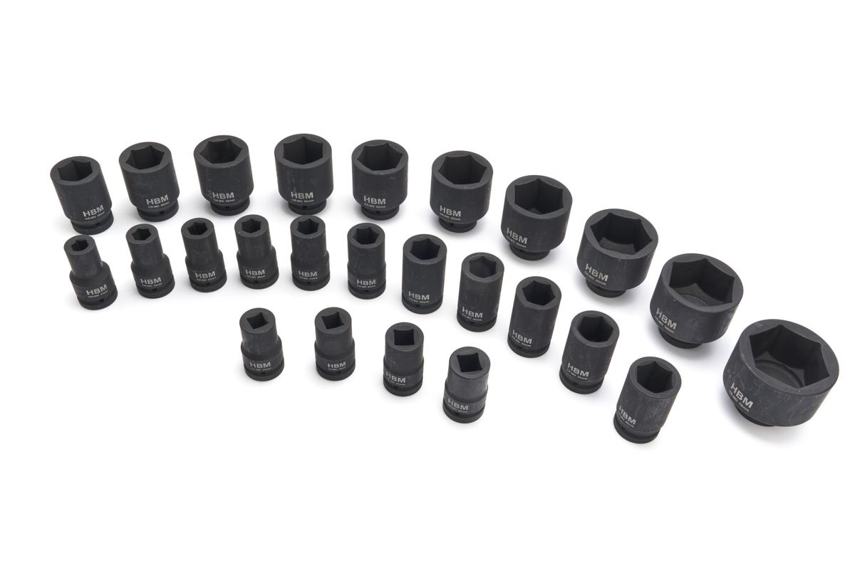 HBM slagtopnøglesæt sekskant 1 inch, 17 - 75 mm, 25-delt.