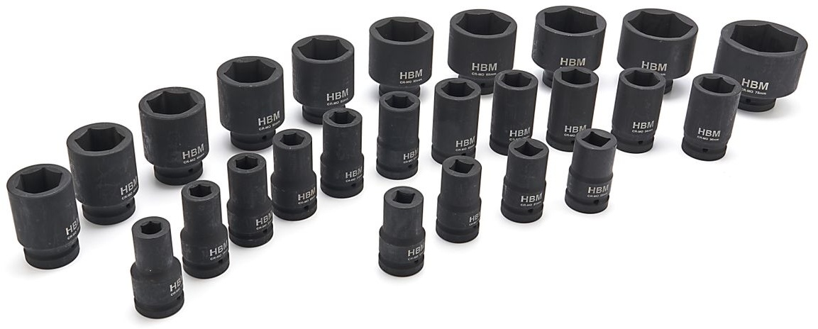 HBM slagtopnøglesæt sekskant 1 inch, 17 - 75 mm, 25-delt.