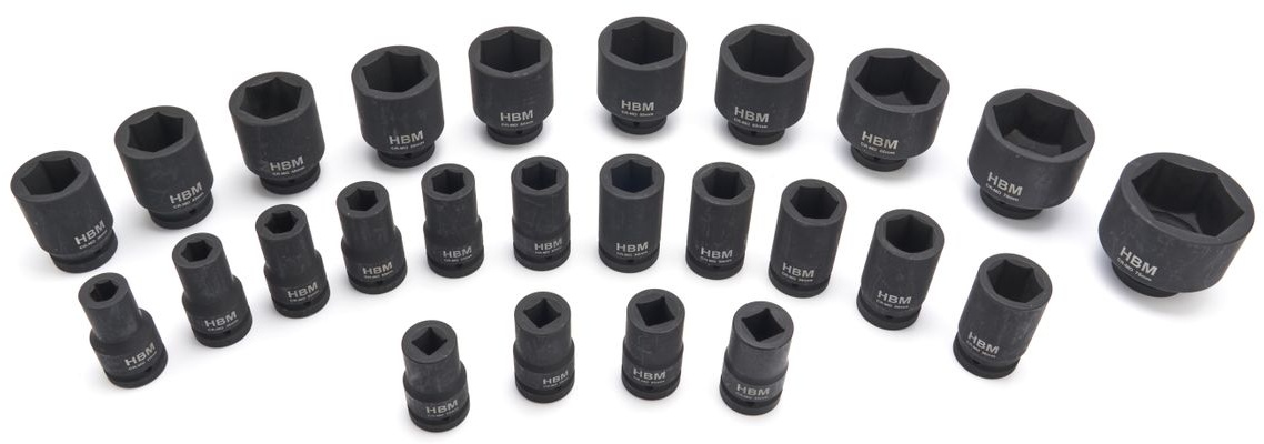 HBM slagtopnøglesæt sekskant 1 inch, 17 - 75 mm, 25-delt.