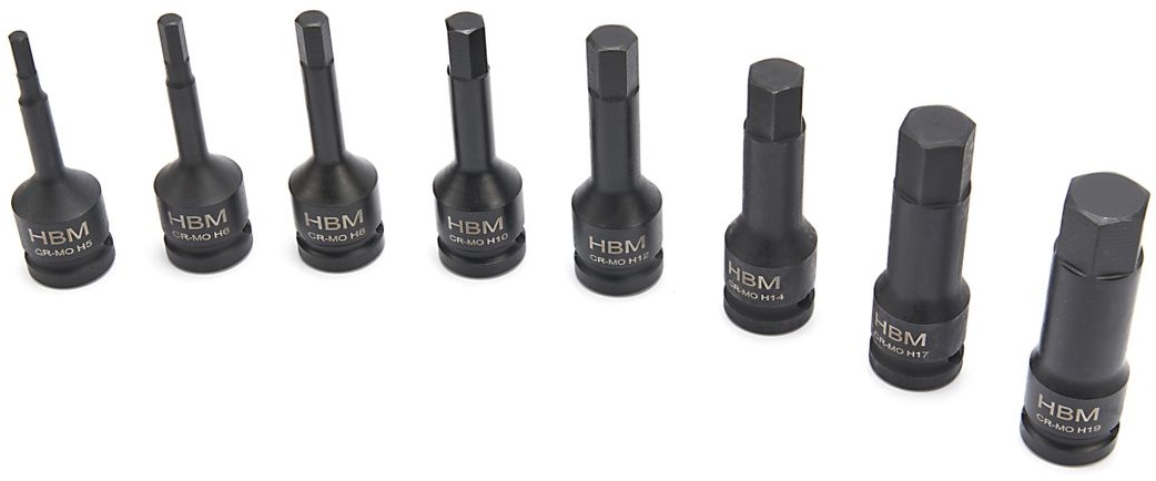 HBM lang sekskants topnøglesæt 1/2 inch, 8-delt. HBM lang sekskants topnøglesæt 1/2 inch, 8-delt.