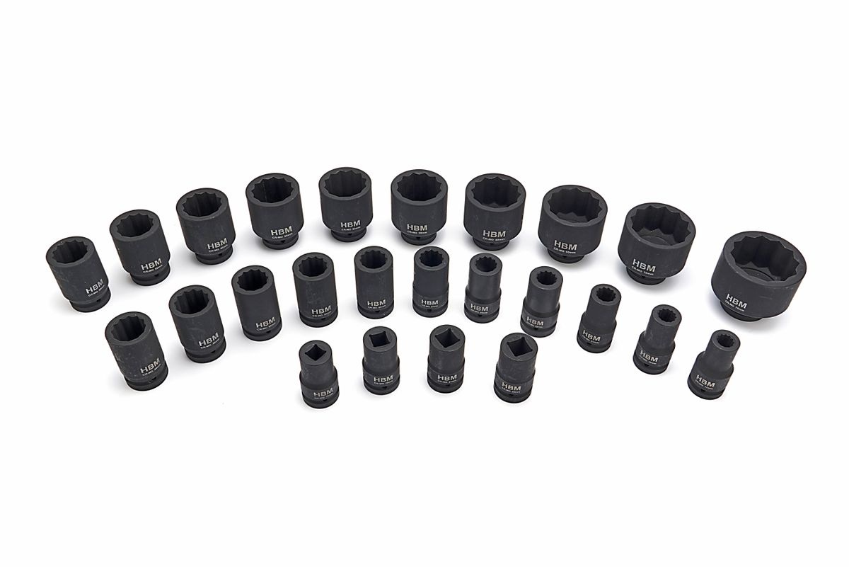 HBM krafttopnøglesæt, tolvkant, 1 inch, 17 - 75 mm, 25-delt. HBM krafttopnøglesæt, tolvkant, 1 inch, 17 - 75 mm, 25-delt.