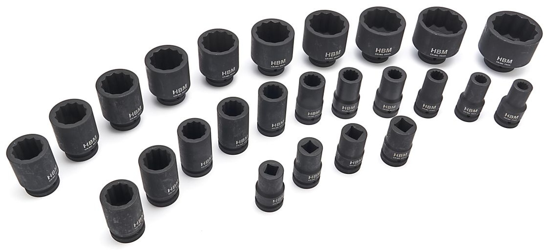 HBM krafttopnøglesæt, tolvkant, 1 inch, 17 - 75 mm, 25-delt. HBM krafttopnøglesæt, tolvkant, 1 inch, 17 - 75 mm, 25-delt.