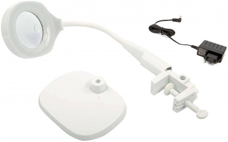 HBM LED loeplamp met voet en tafelklem, 125 mm, 45 LED, 2200 lux, 12x vergroting, 85 mm lens, 230 V HBM LED loeplamp met voet en tafelklem, 125 mm, 45 LED, 2200 lux, 12x vergroting, 85 mm lens, 230 V