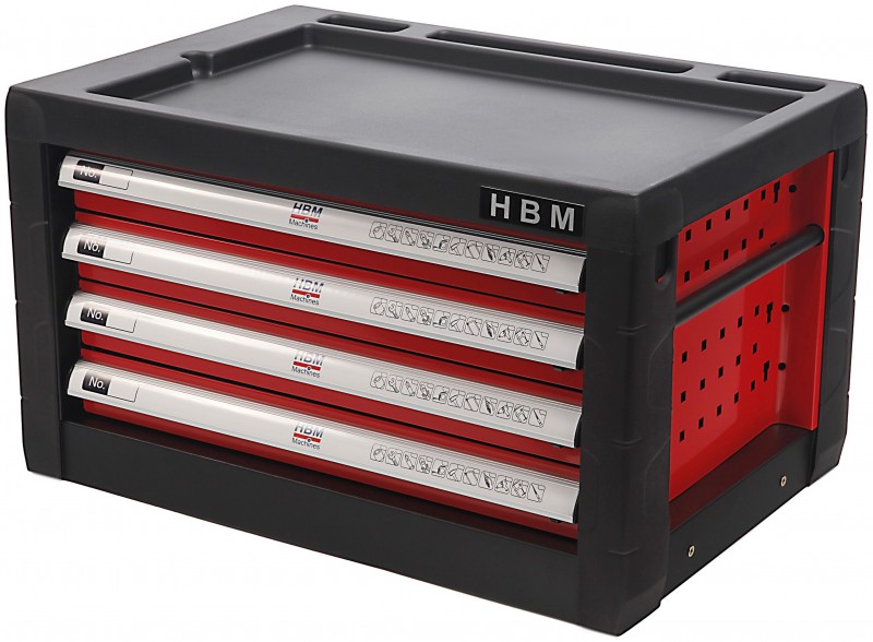 HBM gereedschap opzetkast 4 laden rood 470x690x400 mm, met sleutel, zachtsluitend, gevuld