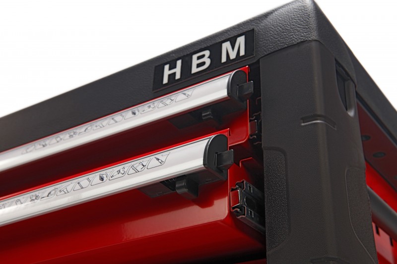 HBM gereedschap opzetkast 4 laden rood 470x690x400 mm, met sleutel, zachtsluitend, gevuld