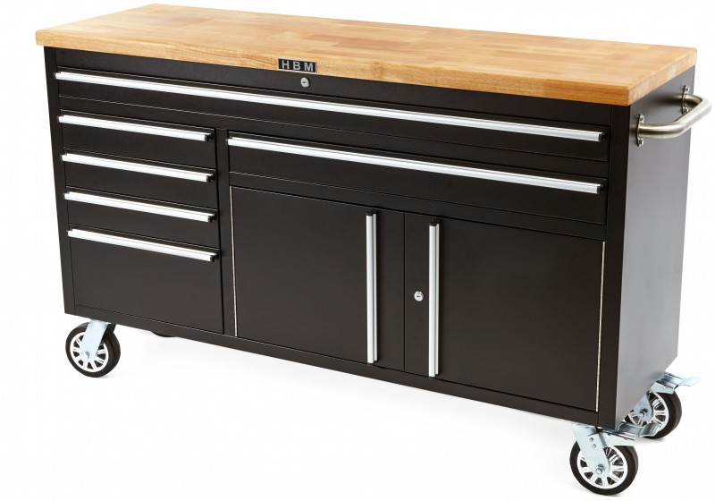 HBM Profi Gereedschapswagen/Werkbank 152 cm met Houten Blad, 6 Laden, Verrijdbaar, Zwart