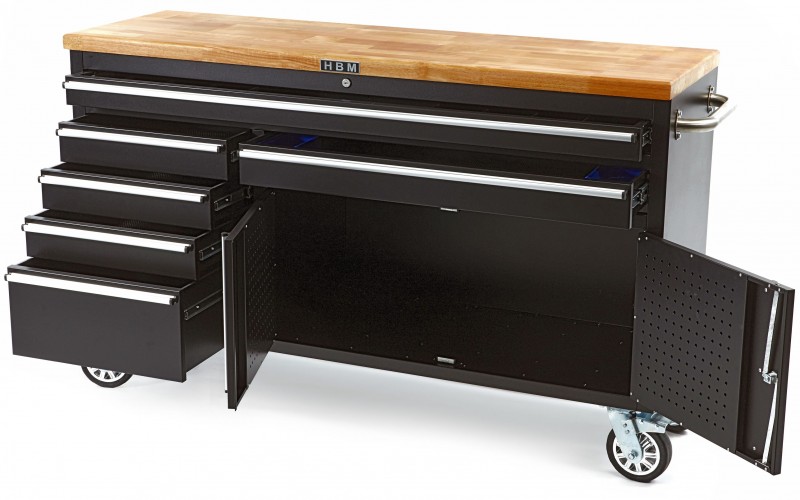 HBM Profi Gereedschapswagen/Werkbank 152 cm met Houten Blad, 6 Laden, Verrijdbaar, Zwart