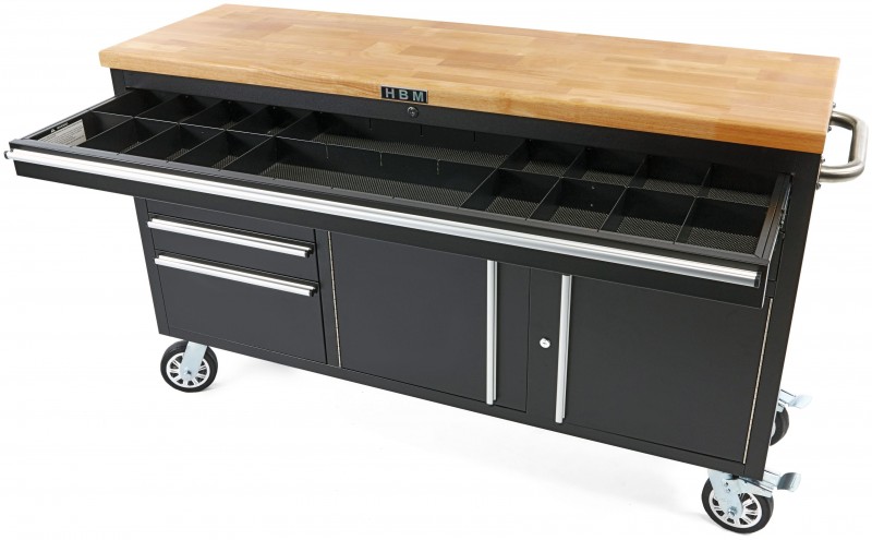 HBM Profi Gereedschapswagen/Werkbank 152 cm met Houten Blad, 6 Laden, Verrijdbaar, Zwart