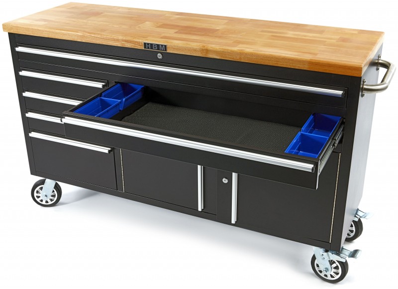 HBM Profi Gereedschapswagen/Werkbank 152 cm met Houten Blad, 6 Laden, Verrijdbaar, Zwart