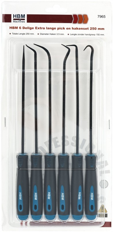 HBM 6-delige extra lange pick- en hakenset 250 mm, haakdiameter 3,5 mm