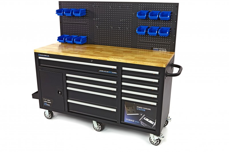 HBM werkbank 158 cm verrijdbaar met 10 laden, deur en achterwand, zwart