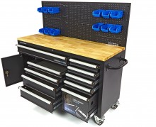 HBM werkbank 158 cm verrijdbaar met 10 laden, deur en achterwand, zwart