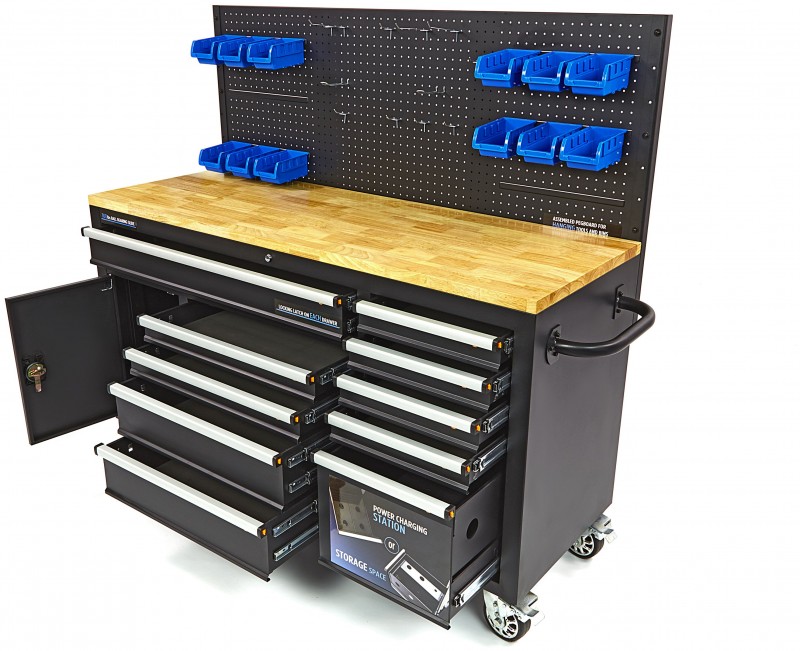HBM werkbank 158 cm verrijdbaar met 10 laden, deur en achterwand, zwart