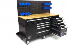 HBM werkbank 158 cm verrijdbaar met 10 laden, deur en achterwand, zwart
