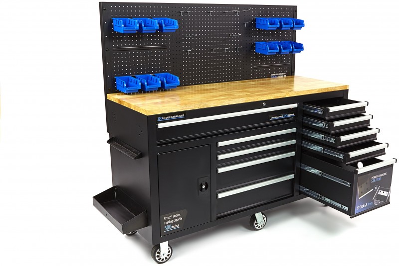 HBM werkbank 158 cm verrijdbaar met 10 laden, deur en achterwand, zwart
