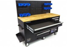 HBM werkbank 158 cm verrijdbaar met 10 laden, deur en achterwand, zwart