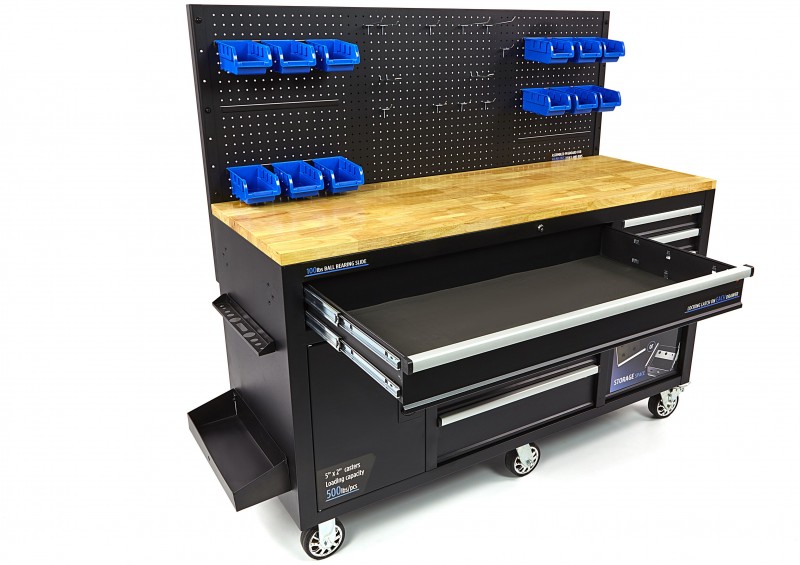 HBM werkbank 158 cm verrijdbaar met 10 laden, deur en achterwand, zwart